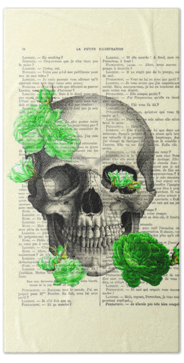 Skull Bath Towel featuring the digital art Skull and green roses illustration by Madame Memento