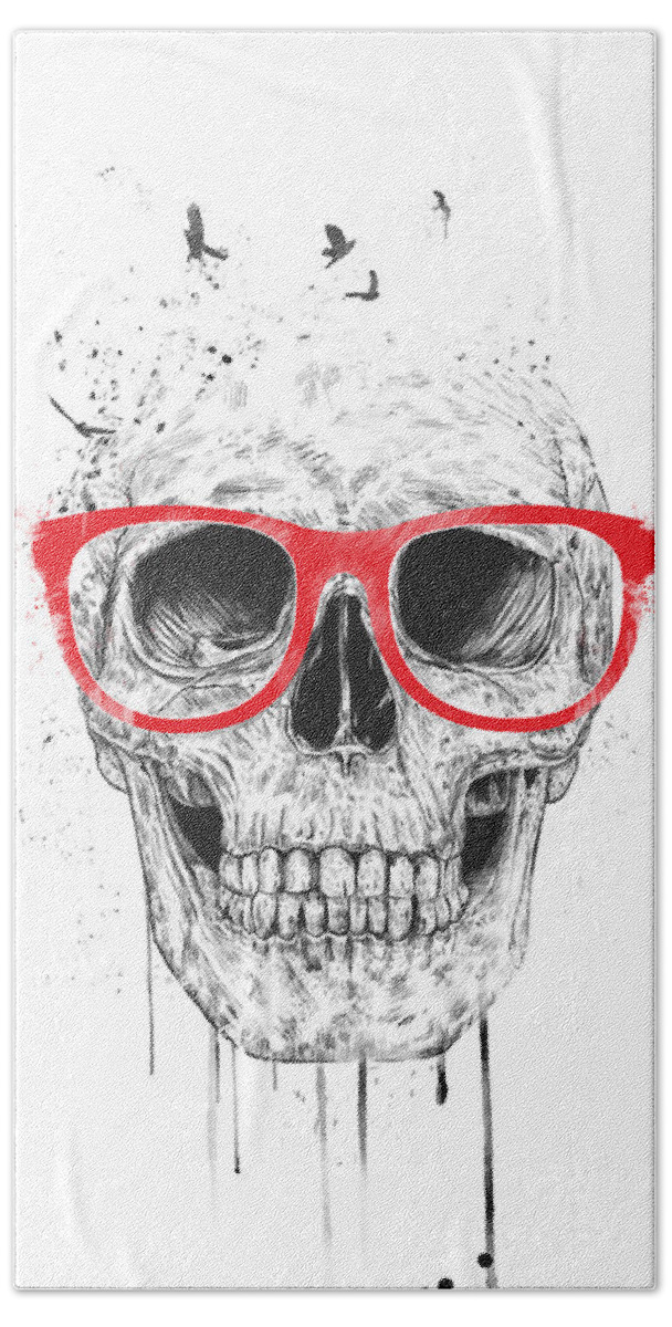 Skull Hand Towel featuring the mixed media Skull with red glasses by Balazs Solti