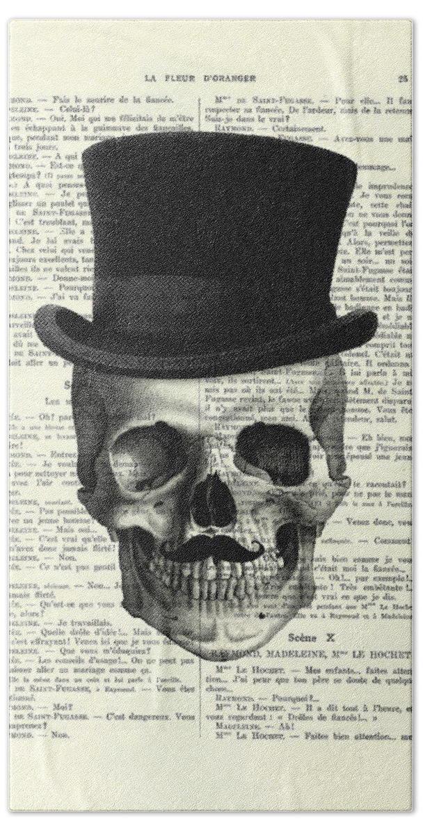Skull Hand Towel featuring the digital art Skull With Top Hat And Moustache by Madame Memento