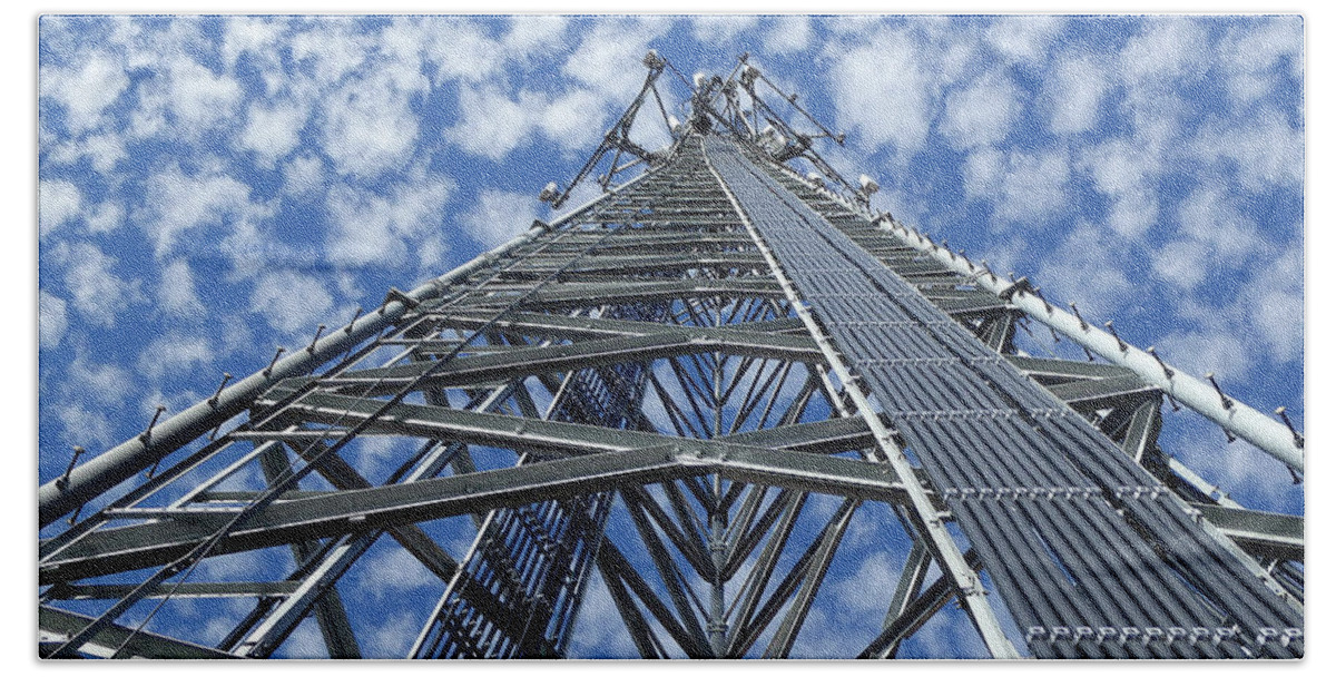 Tower Sky Clouds Blue Steel Climber Climbing Technician Coax Cell Cellphone Cellular Radio Communications Antenna Safety Osha Usa Bolts Cross Bracing Workers Industry Supporting Tower Technician Rope Work Ropes Aerial High Harness Bath Towel featuring the photograph Sky Tower by Bob Geary