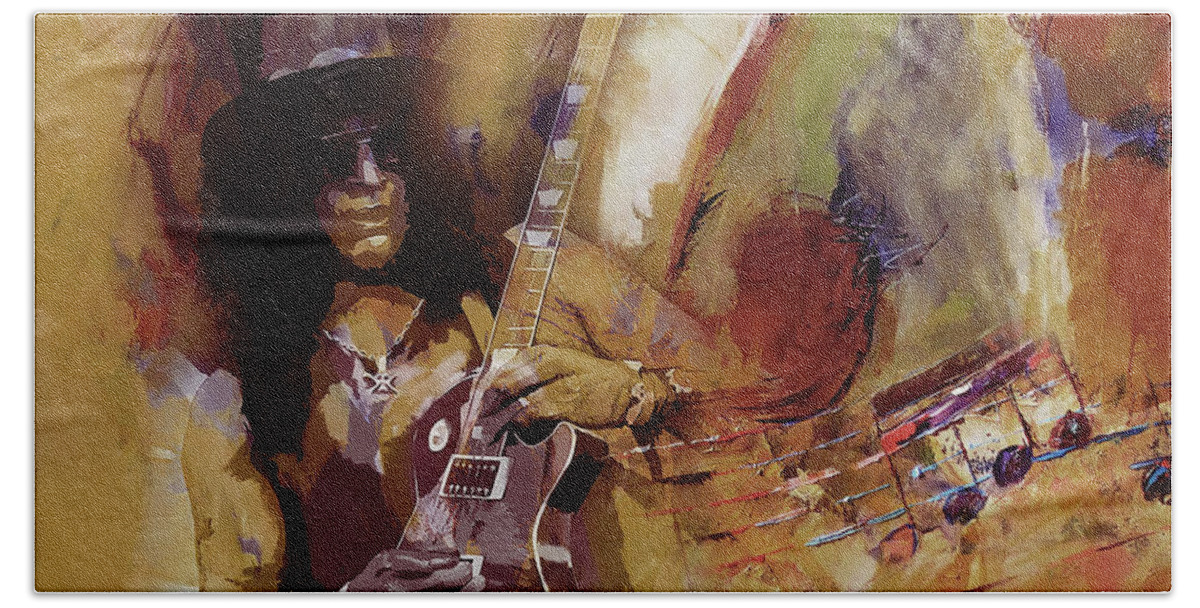 Slash Hand Towel featuring the painting Slash guitarist 1 by Gull G