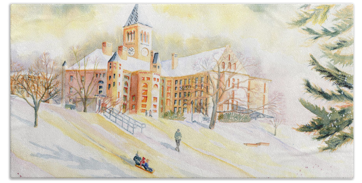Sleeding On Libe Slope Hand Towel featuring the painting Sledding On Libe Slope - Cornell University by Melly Terpening