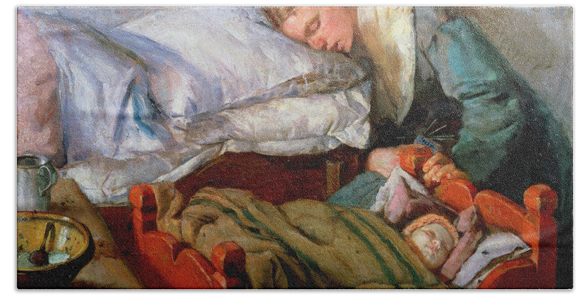 Sleeping Mother Hand Towel featuring the painting Sleeping Mother, 1883 by Christian Krohg