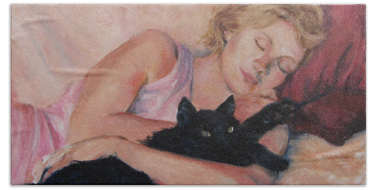 Portrait Bath Towel featuring the painting Sleeping with Fur by Connie Schaertl