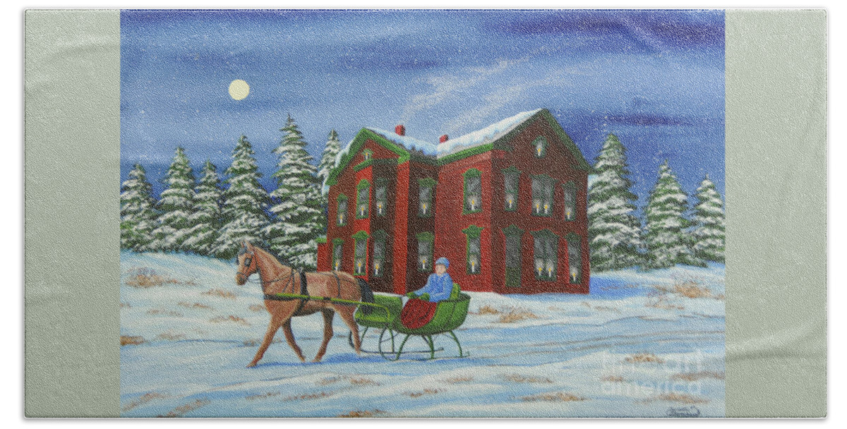 Sleigh Ride Bath Towel featuring the painting Sleigh Ride With A Full Moon by Charlotte Blanchard