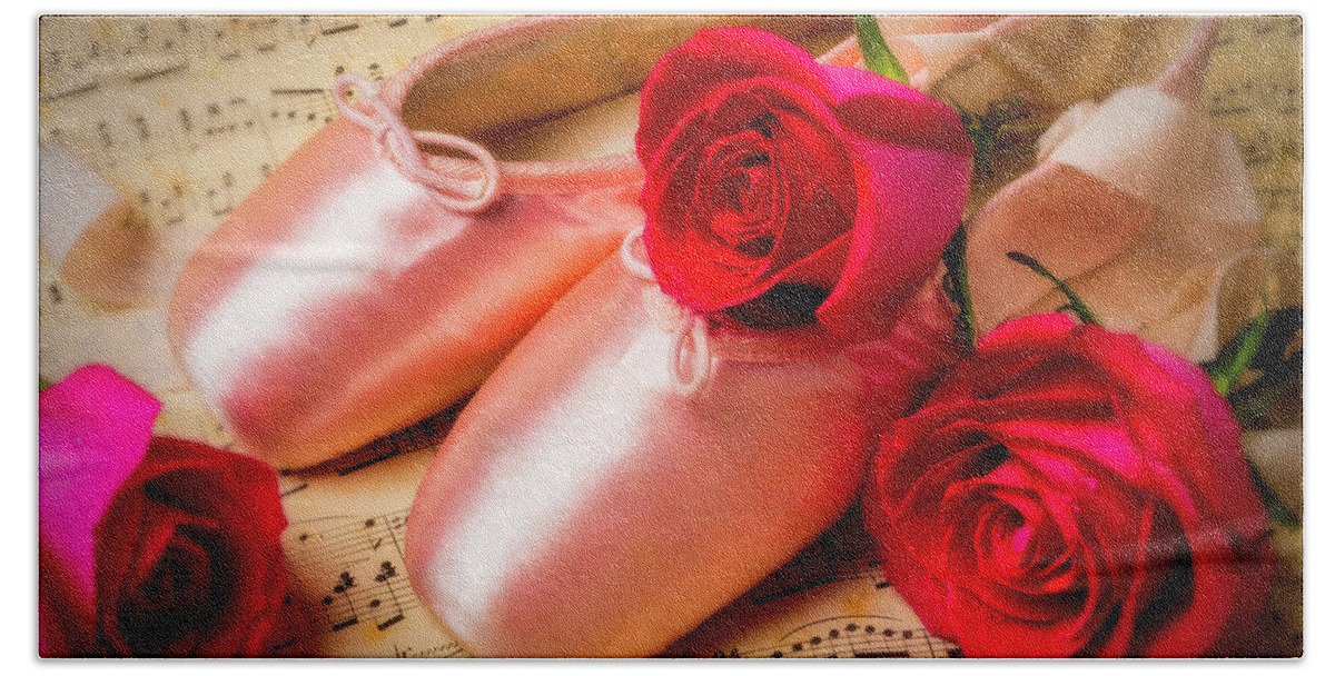 Ballet Shoes Shoe Hand Towel featuring the photograph Slippers With Red Rose by Garry Gay