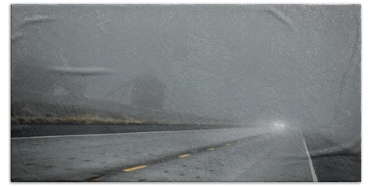 Gray Fog Foggy Highway Road Headlights Car Grain Silo Angle Angled Spokane Wa Washington Lewiston Id Idaho Bath Towel featuring the photograph Slow Drive Home by Brad Stinson