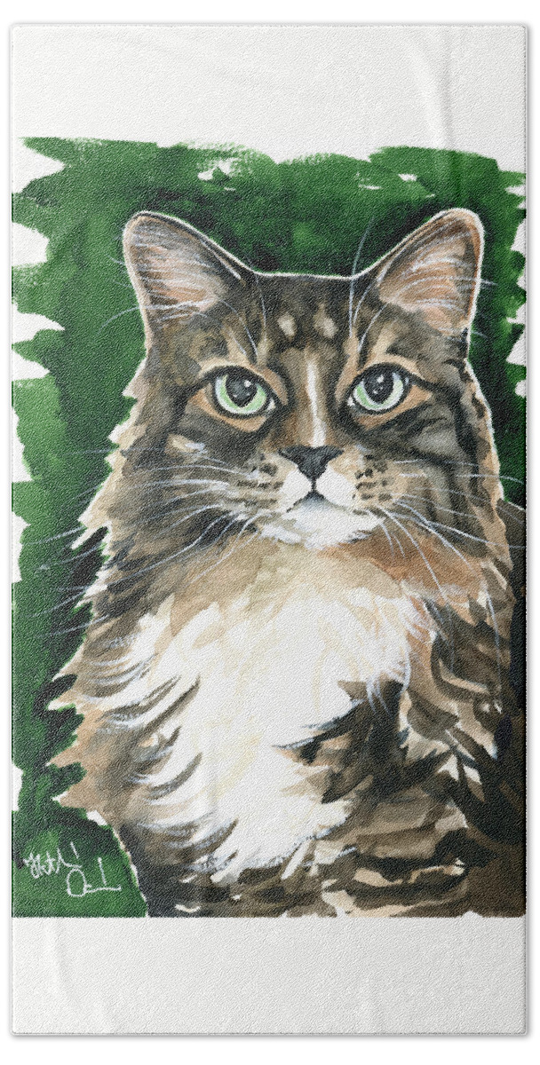 Cat Bath Towel featuring the painting Sly / Fluffy Tabby Cat Portrait by Dora Hathazi Mendes
