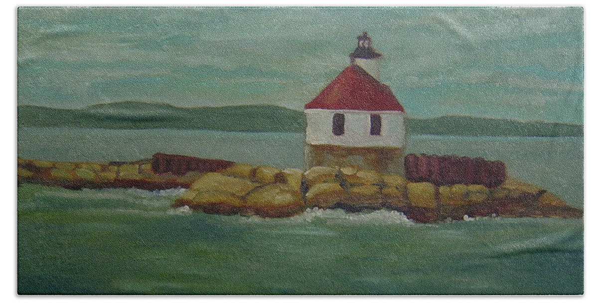 Lighthouse Bath Towel featuring the painting Small Island Lighthouse by Lilibeth Andre
