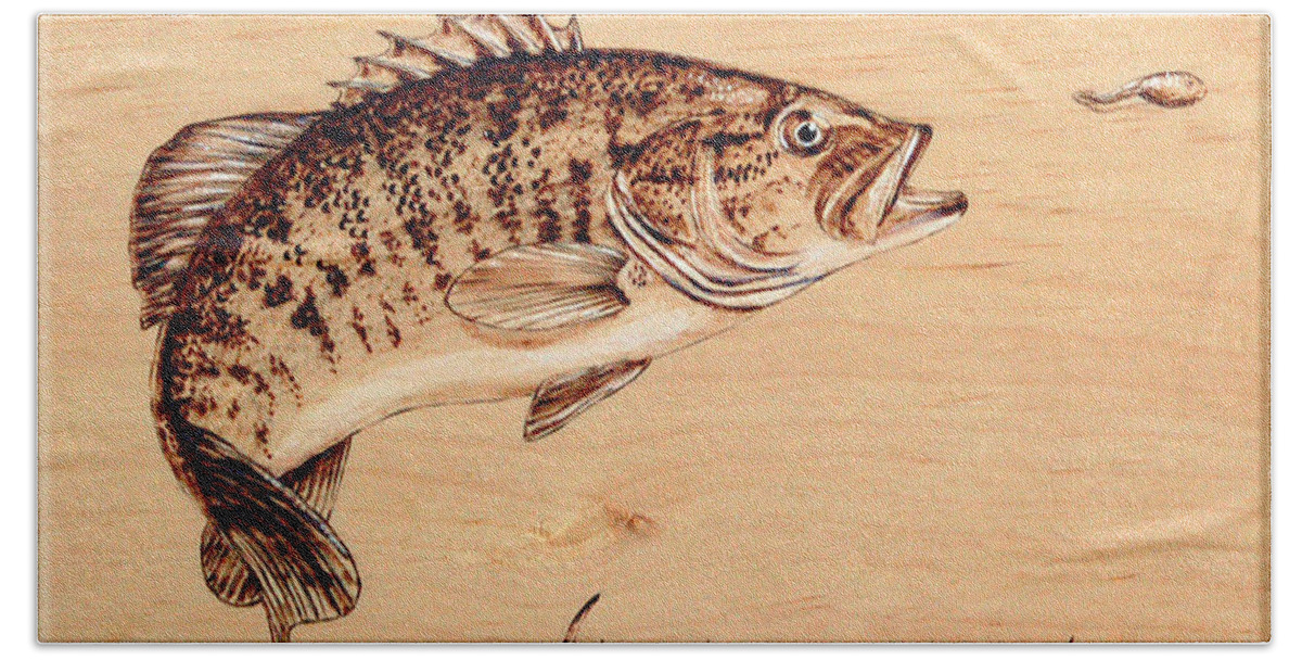 Fish Bath Towel featuring the pyrography Small Mouth Bass by Ron Haist