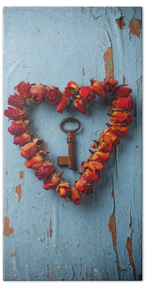 Love Rose Heart Wreath Hand Towel featuring the photograph Small rose heart wreath with key by Garry Gay