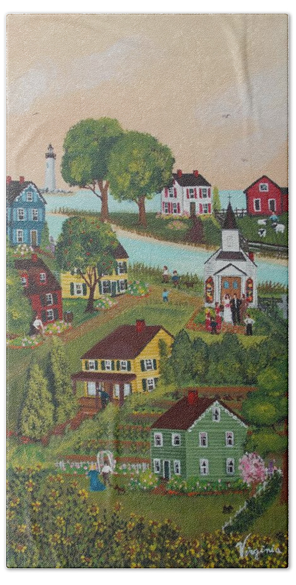 Grandma Moses Hand Towel featuring the painting Small Town by Virginia Coyle