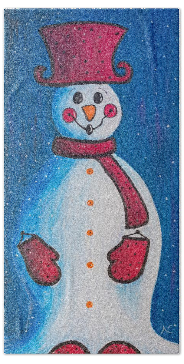 Snowman Bath Towel featuring the painting Smiley Snowman by Neslihan Ergul Colley
