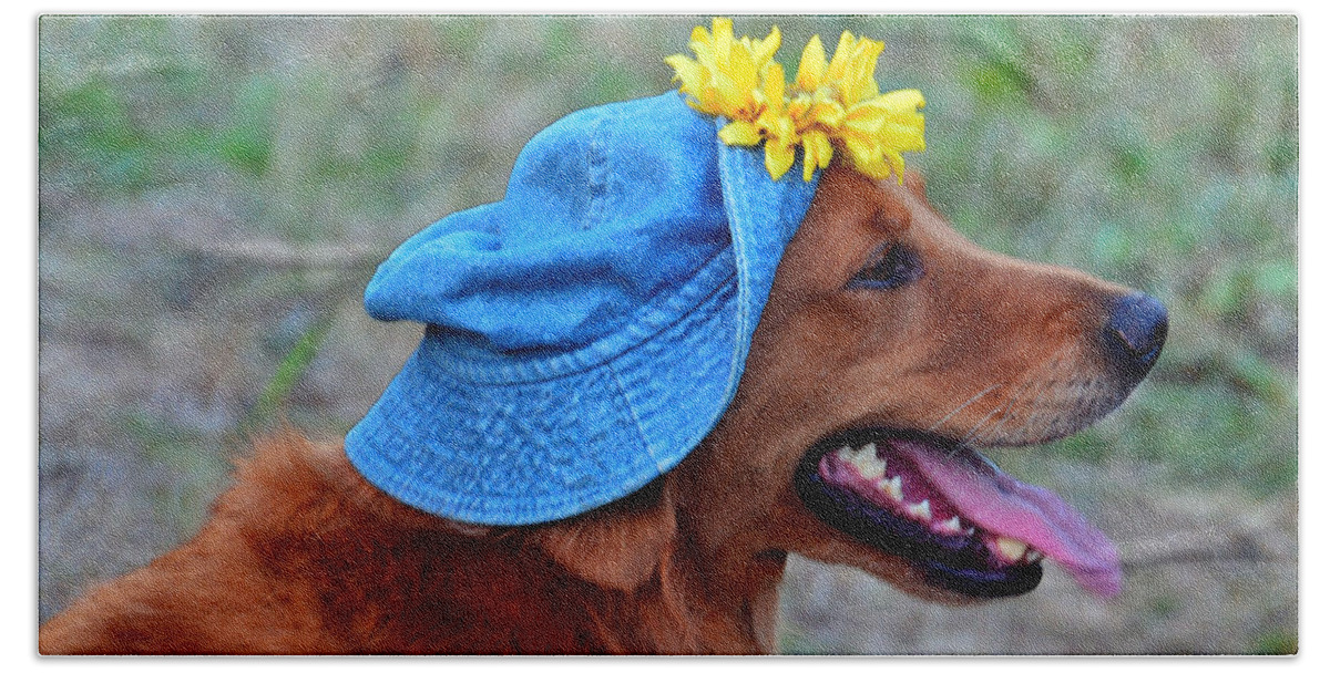 Golden Retriever Bath Towel featuring the photograph Smiling Golden Retriever in Hat by Catherine Sherman
