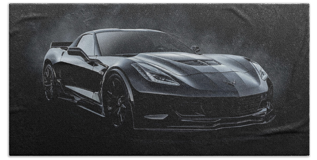 Corvette Bath Sheet featuring the digital art Black Z06 Corvette by Douglas Pittman