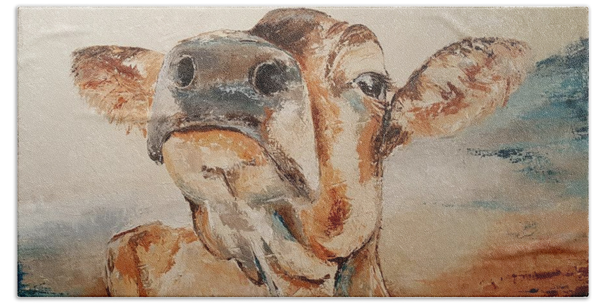 Cow Hand Towel featuring the painting Snooty Cow by Sunel De Lange