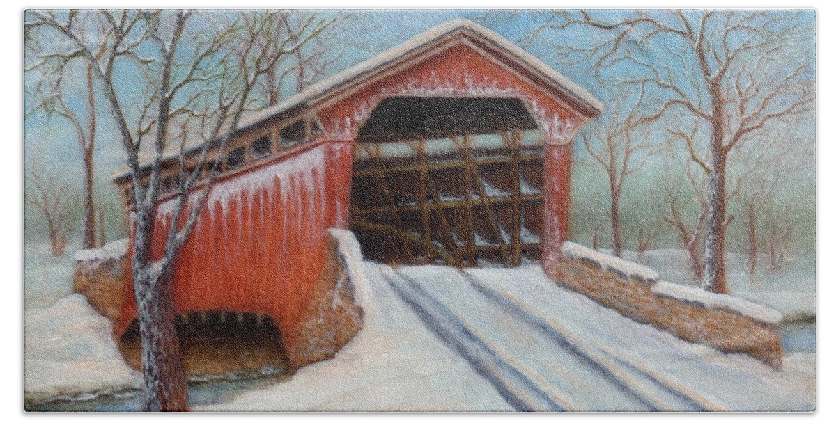 Bridge Bath Towel featuring the painting Snow Covered Bridge by Lora Duguay