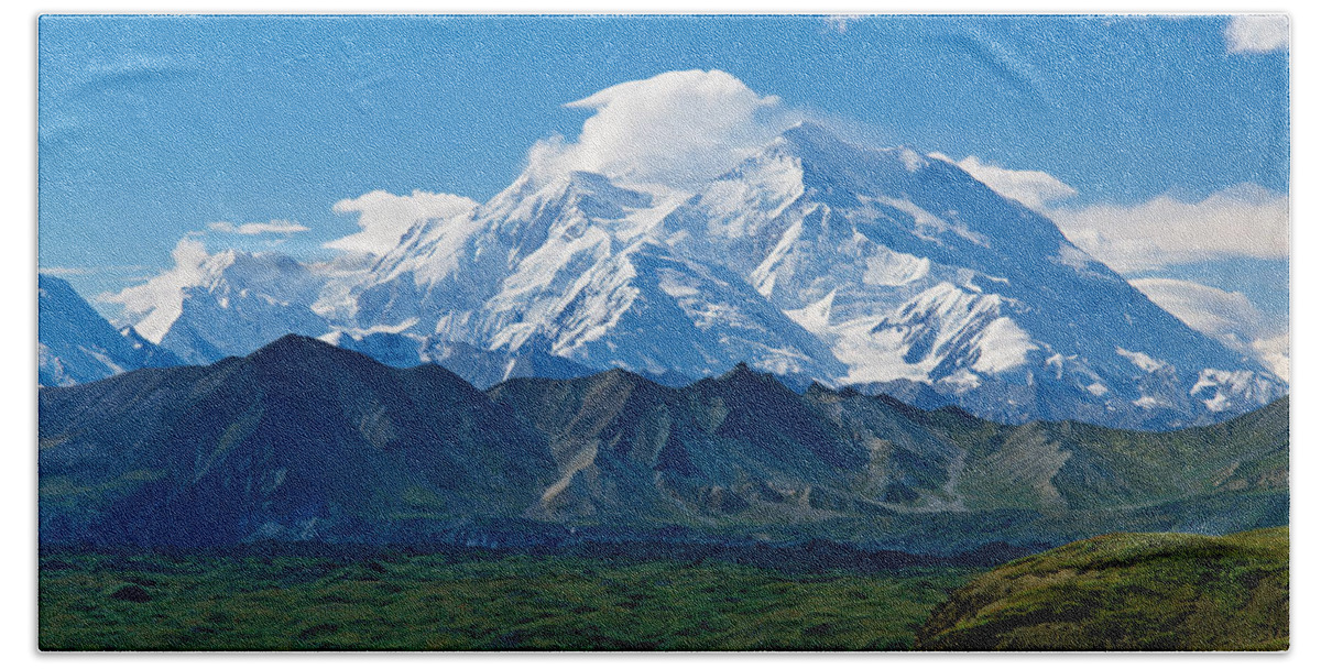 Photography Hand Towel featuring the photograph Snow-covered Mount Mckinley, Blue Sky by Panoramic Images