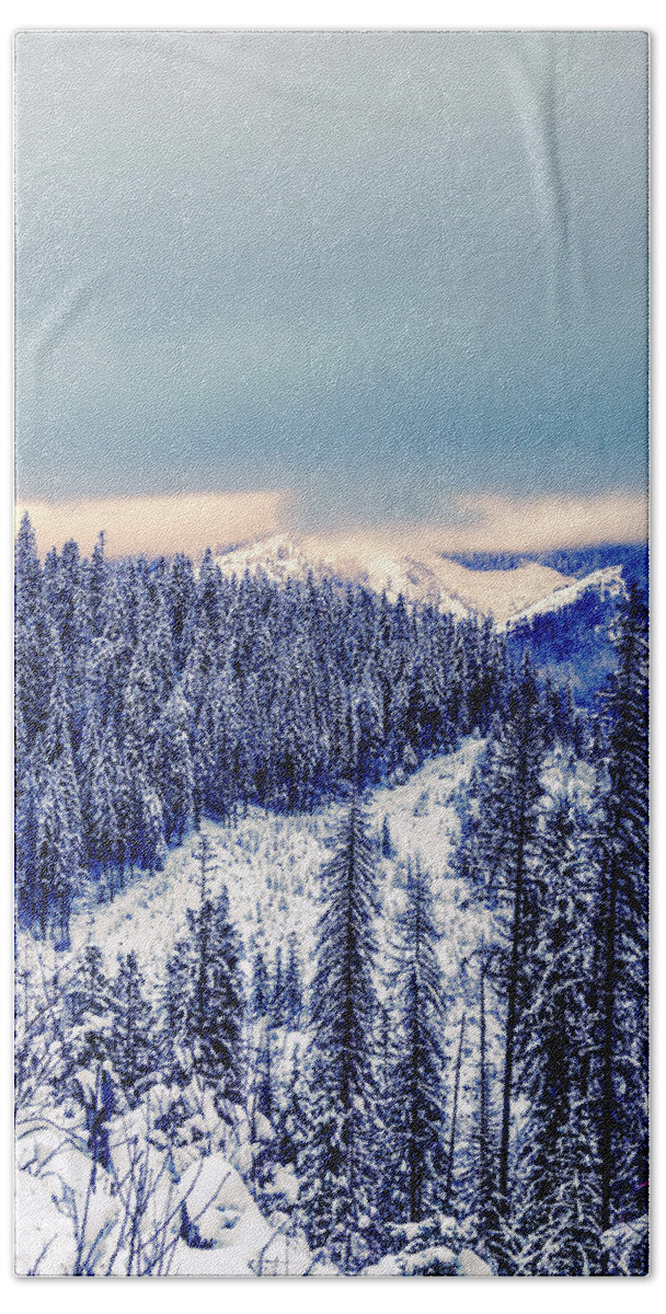 Idaho Bath Towel featuring the photograph Snow Covered Mountains by Lester Plank