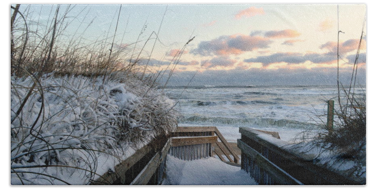Obx Sunrise Hand Towel featuring the photograph Snow day at the Beach by Barbara Ann Bell