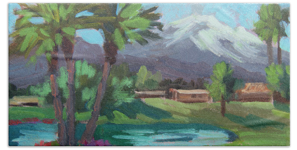 Coachella Valley Bath Towel featuring the painting Snow on Mt. San Jacinto by Diane McClary