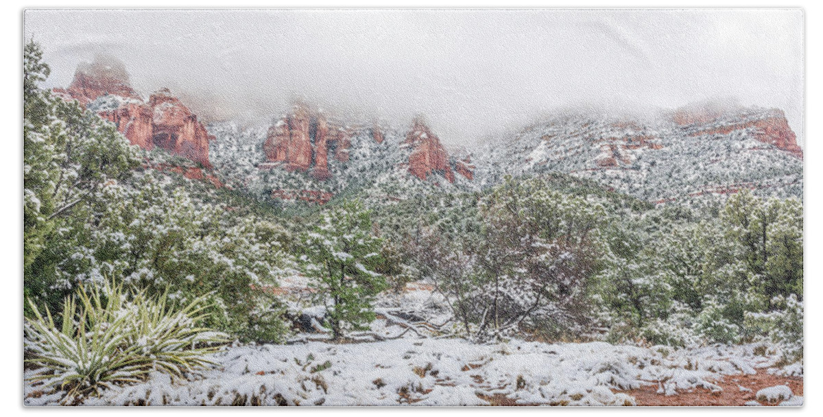 Sedona Bath Towel featuring the photograph Snow On Red Rock by Racheal Christian