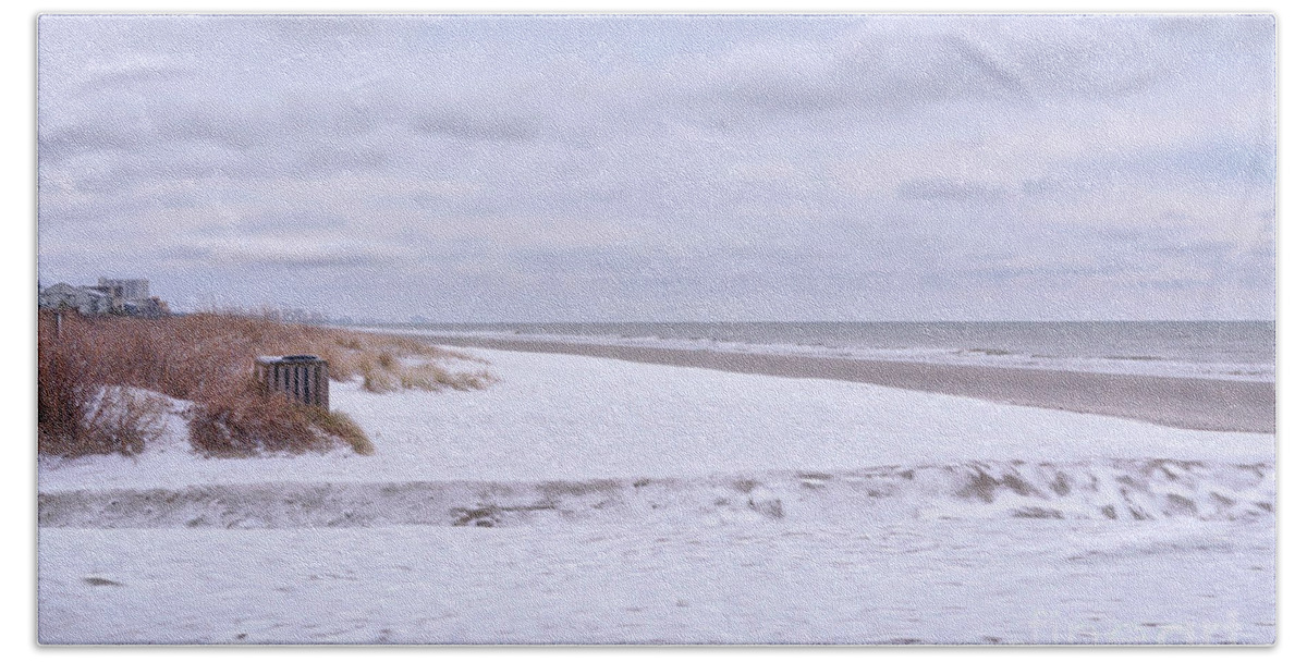 Beach Bath Towel featuring the photograph Snow On The Beach I by Kathy Baccari