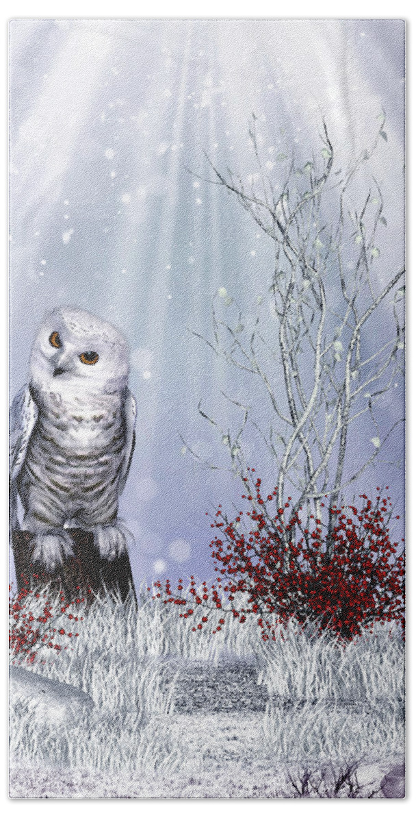 Snow Owl Bath Towel featuring the digital art Snow Owl by John Junek