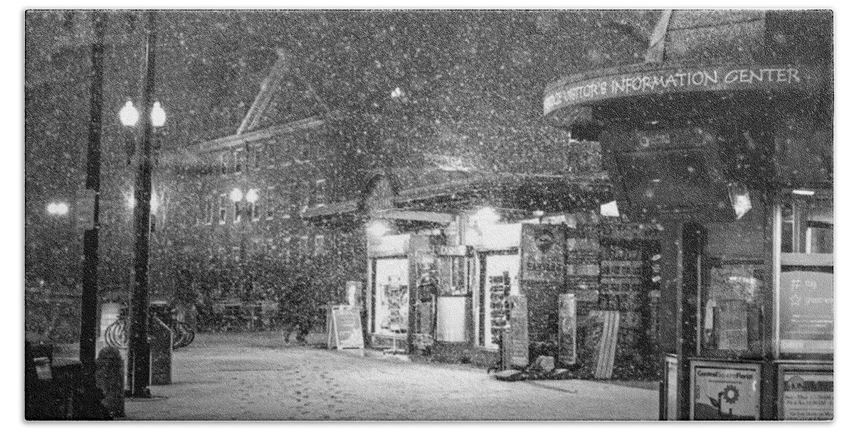 Harvard Bath Towel featuring the photograph Snowfall in Harvard Square Cambridge MA Kiosk Black and White by Toby McGuire