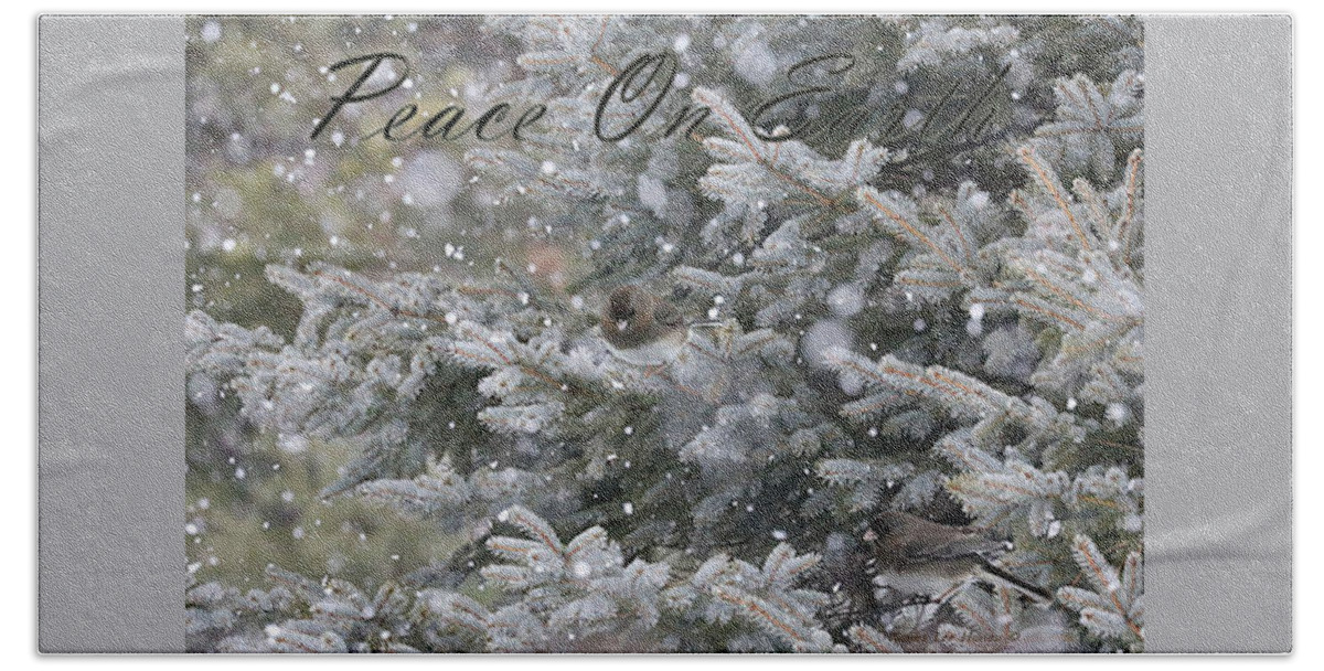 Colorado Blue Spruce Trees Bath Towel featuring the photograph Snowing In Maine - Peace On Earth Christmas Card by Sandra Huston