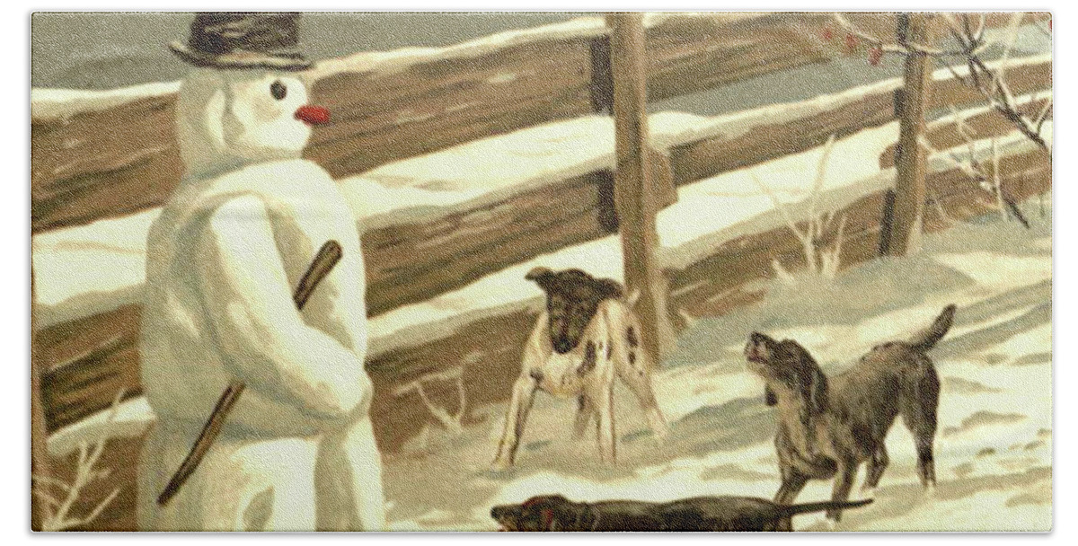 Snowman Hand Towel featuring the digital art Snowman meets three dogs by Long Shot