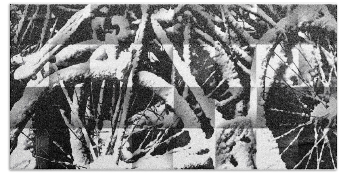 Black And White Photo Of Bikes Covered In Snow. Digitally Enhanced.black Bike Hand Towel featuring the photograph Snowy Bike by Joan Reese