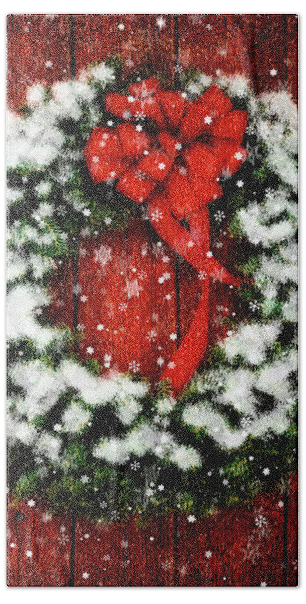 Christmas Bath Towel featuring the photograph Snowy Christmas Wreath by Lois Bryan