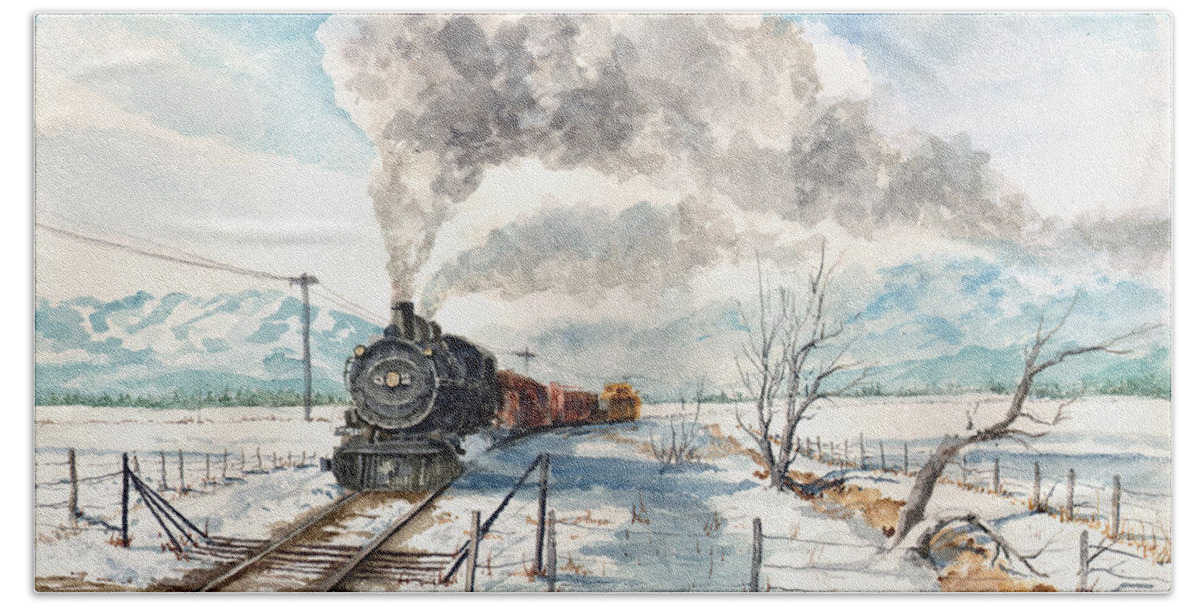 Train Bath Towel featuring the painting Snowy Crossing by Sam Sidders