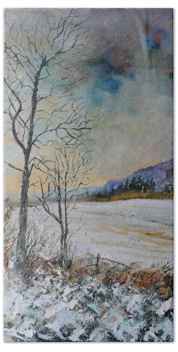 Landscape Bath Towel featuring the painting Snowy landscape by Pol Ledent