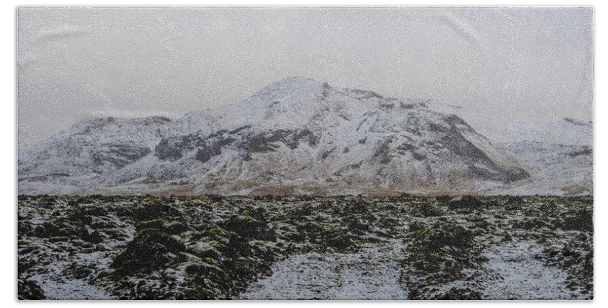Iceland Bath Towel featuring the photograph Snowy Lava Fields Iceland by Deborah Smolinske