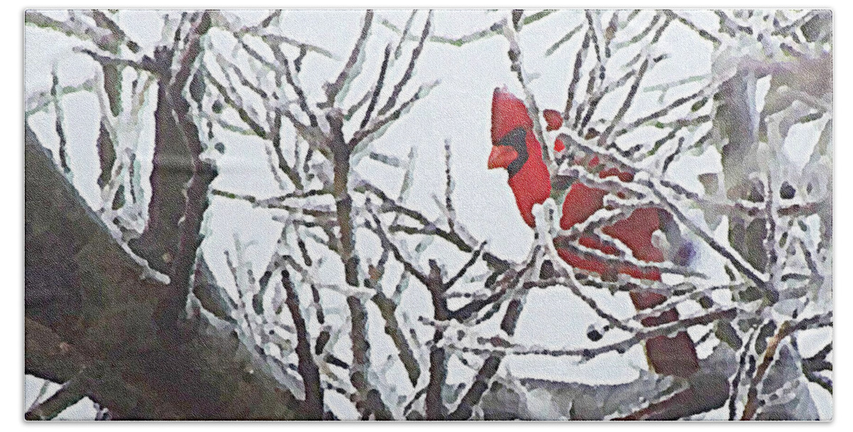 Red Bird Hand Towel featuring the mixed media Snowy Red Bird a Cardinal in Winter by Shelli Fitzpatrick