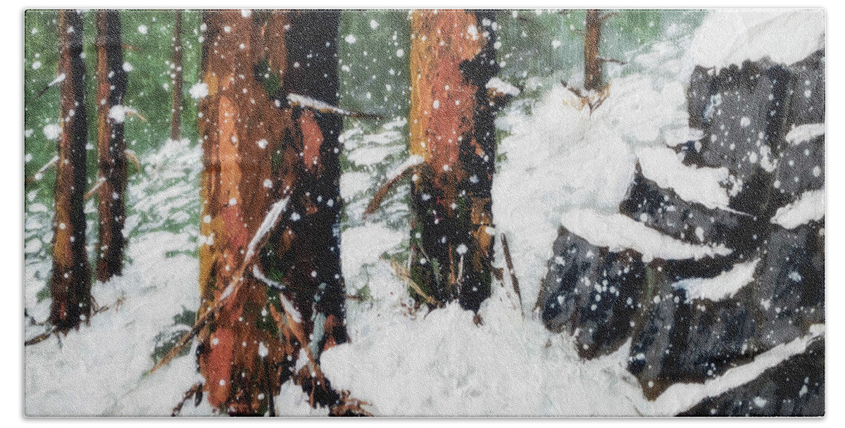 Redwood In Snow Bath Towel featuring the painting Snowy Redwood Dream by L J Oakes