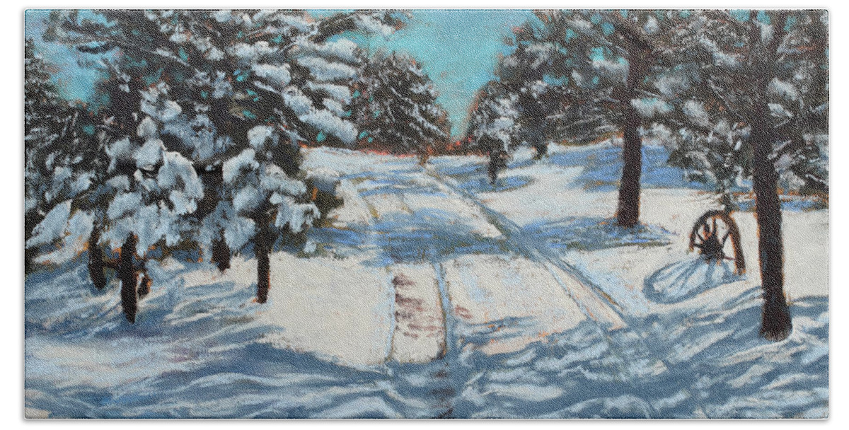 Snow Bath Towel featuring the pastel Snowy Road Home by Mary Benke