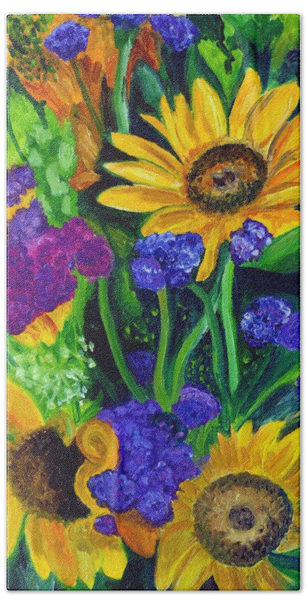Sunflowers Hand Towel featuring the painting Sunflowers -Soaking Up Sunshine by Julie Brugh Riffey