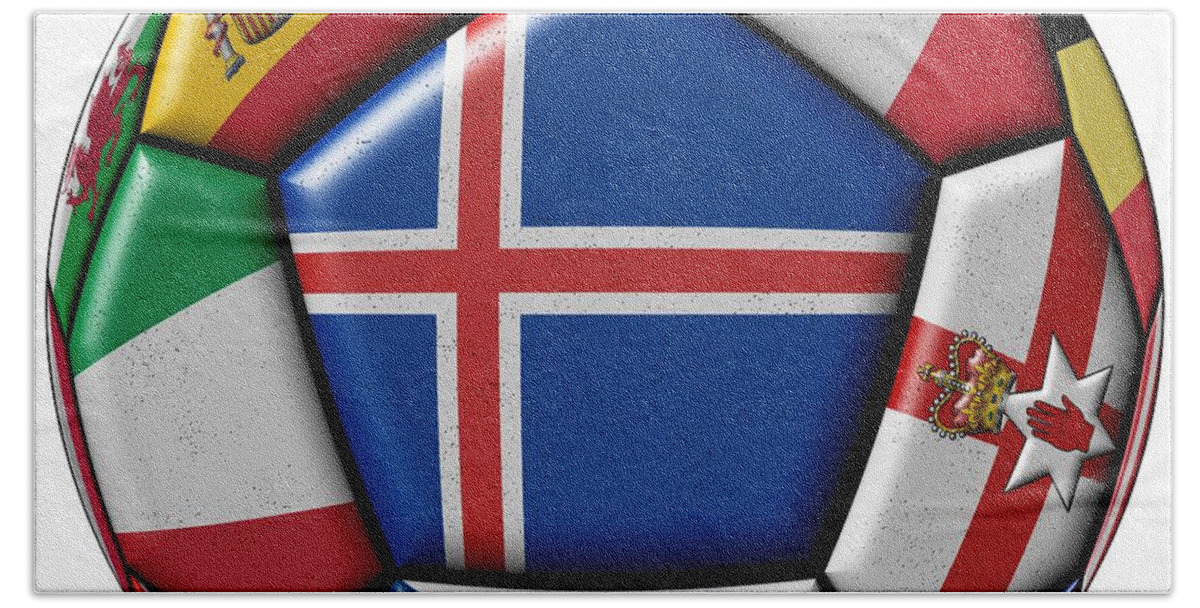 Europe Bath Towel featuring the digital art Soccer ball with flag of Iceland in the center by Michal Boubin