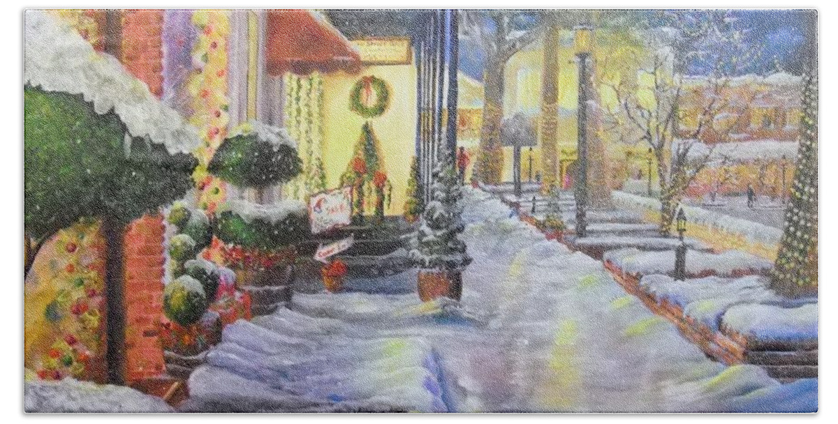 Christmas Hand Towel featuring the painting Soft Snowfall in Dahlonega Georgia an Old Fashioned Christmas by Nicole Angell