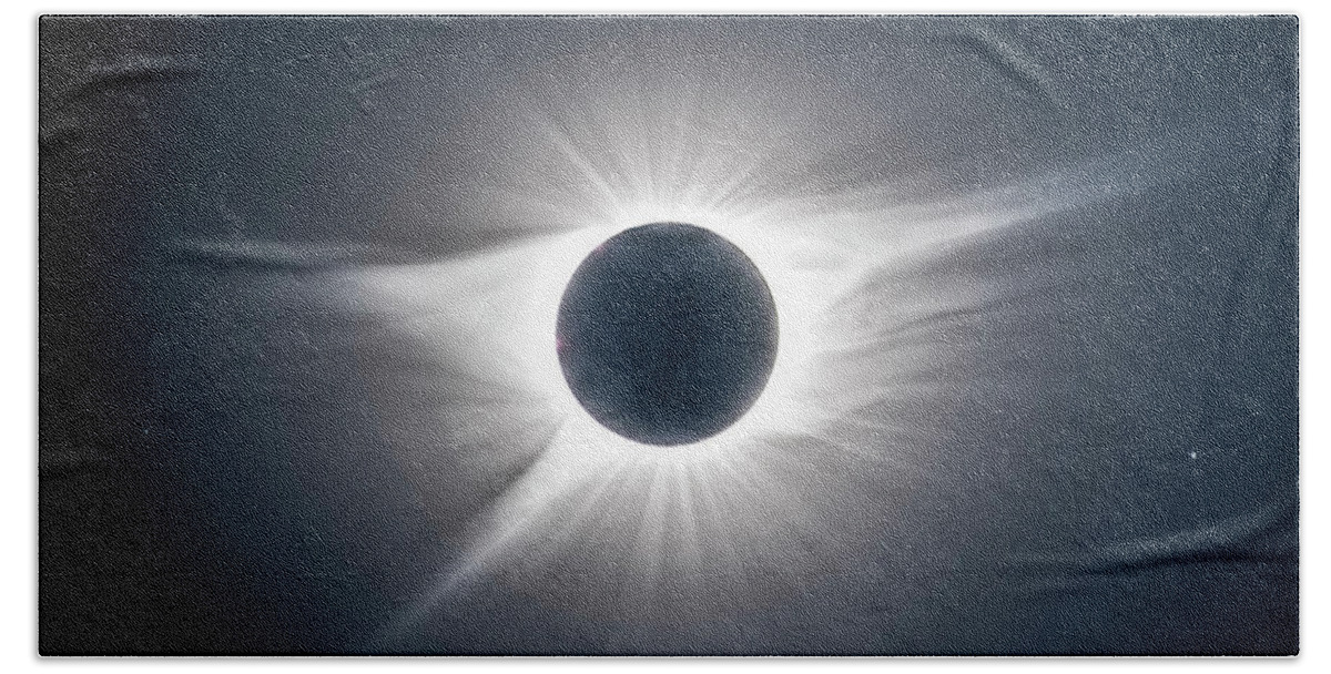 Eclipse Bath Towel featuring the photograph Solar Corona with Earthshine on Moon by Greg Norrell