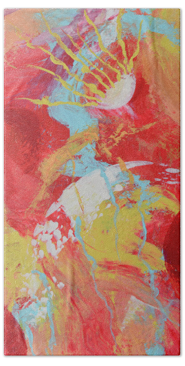 Red Abstract Bath Towel featuring the painting Solar Flare by Donna Blackhall