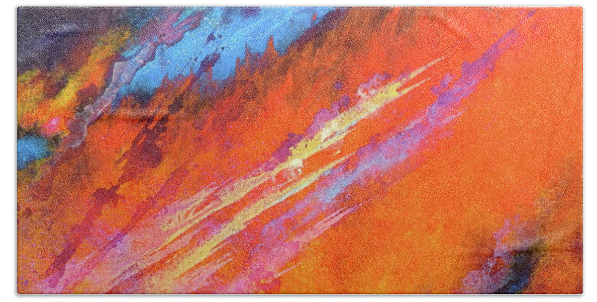 Fantasies In Space Abstract Painting Series. Hand Towel featuring the painting Solar Flare Up. Acrylic Abstract Painting on Canvas. by Robert Birkenes