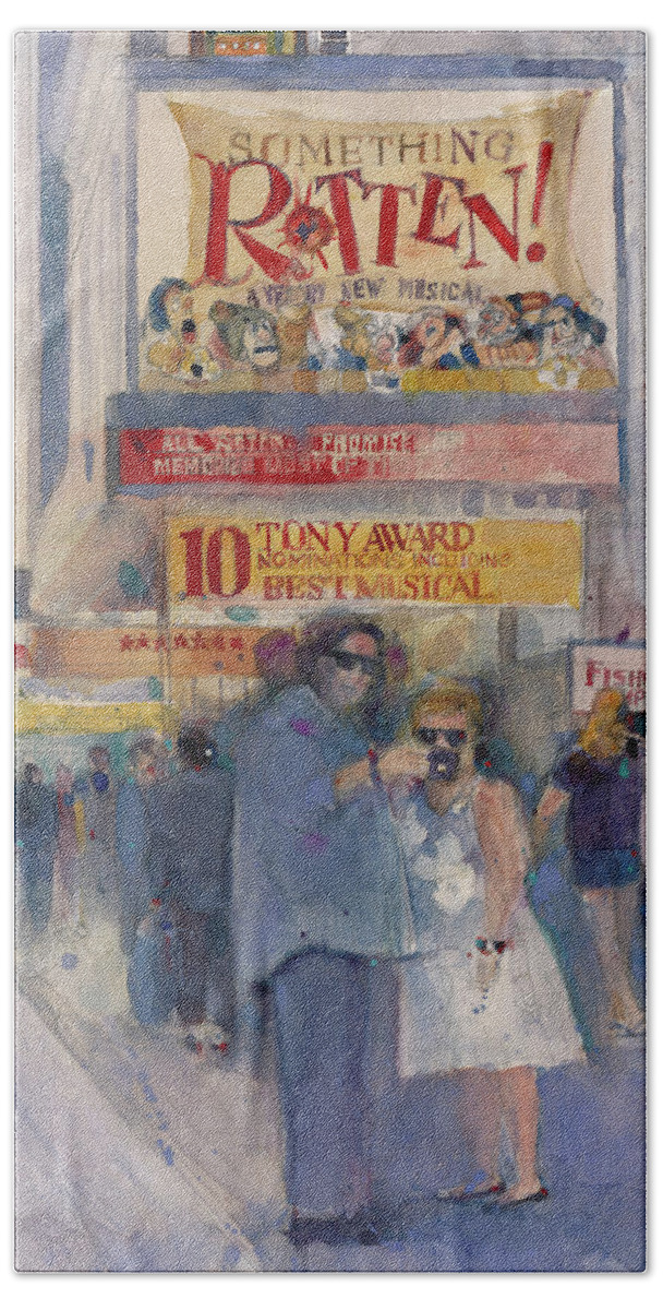 New York Hand Towel featuring the painting Something Rotten - Broadway Musical - Selfie - NYC Theatre District Watercolor by Dorrie Rifkin