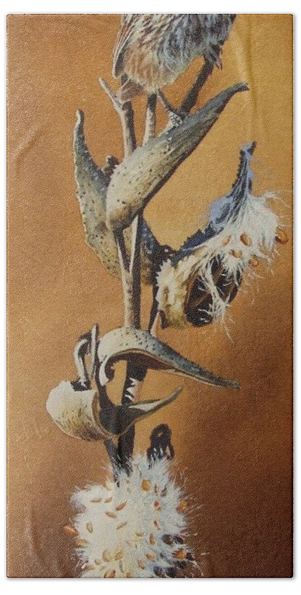 Songsparrow Hand Towel featuring the painting Song Sparrow and Milkweed by Greg and Linda Halom