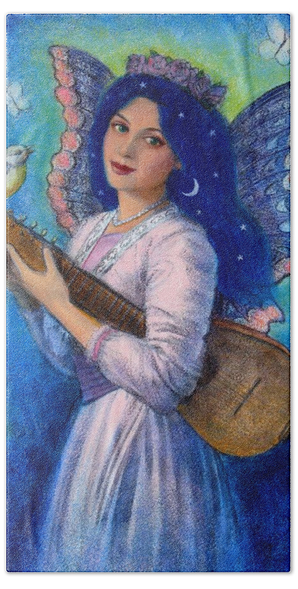 Music Bath Towel featuring the painting Songbird for a Blue Muse by Sue Halstenberg