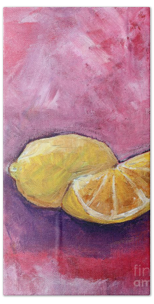 Acrylic Abstract Realism Red Purple Lemon Sour Lemons Yellow Fruit Kitchen Decoration Pink Colorful Home Dcor Bath Towel featuring the painting Sour Lemons by Anne Seay