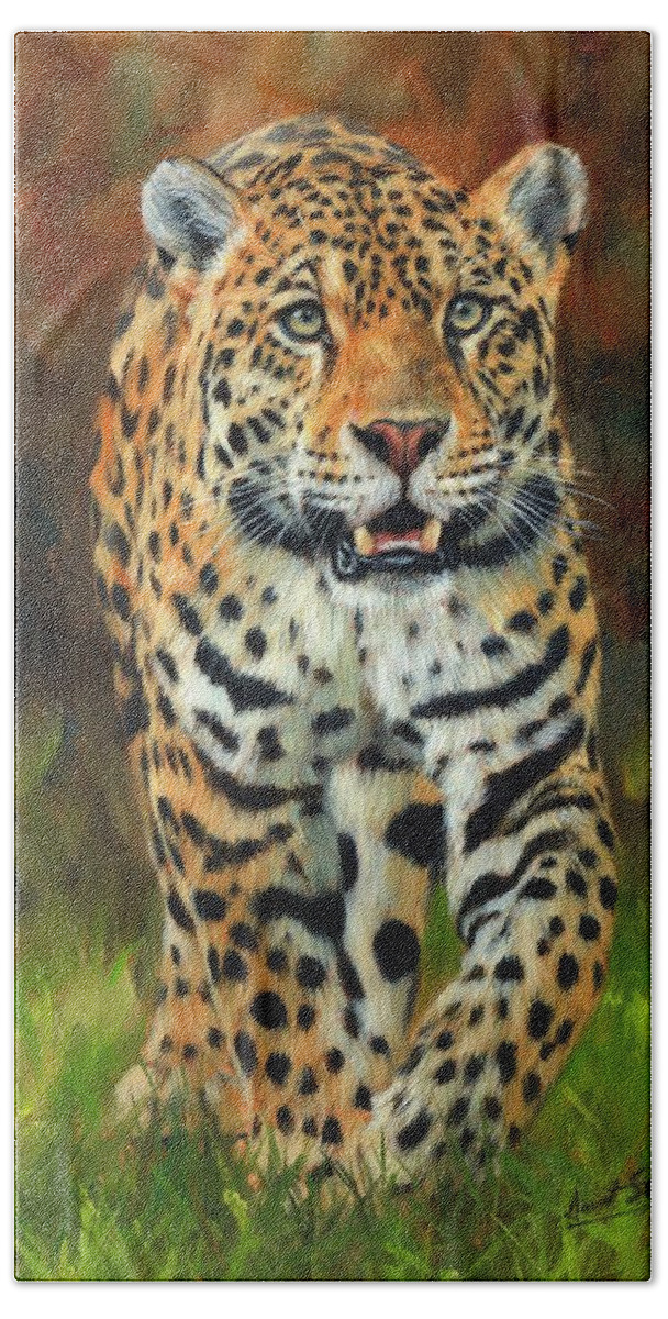 Jaguar Hand Towel featuring the painting South American Jaguar by David Stribbling